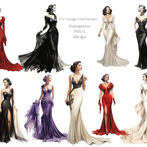 Vintage Ladies Dresses Clipart Vintage Gowns PNG Vintage Fashion Clip art, Tworzenie kartek, Dziennik śmieci, Vintage Dresses Scrapbook 1940s Dress