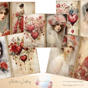 Páginas de diario basura de mujeres victorianas, diario basura de bodas de San Valentín, hoja de collage victoriano, efímera victoriana, diario basura de San Valentín