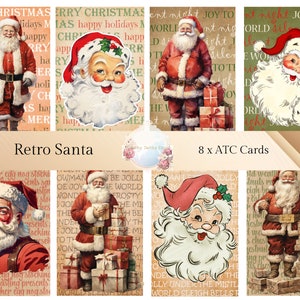 Retro Santa ATC Cards and Retro Santa Junk Journal Cards: Digital Collection of 8 Retro Santa style Journaling page, Christmas ATC Cards