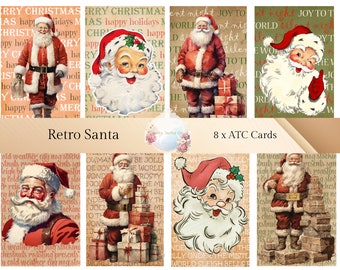 Op de afbeelding: Acht vintage-stijl kerstkaarten met illustraties van de kerstman in verschillende poses. De kaarten zijn versierd met feestelijke tekst en afbeeldingen, waaronder sneeuwvlokken, hulst en cadeaus. De tekst op de kaarten luidt "Retro Santa" en "8 x ATC Cards".