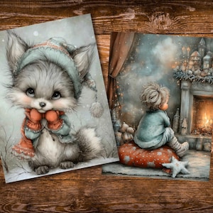 May include: Two watercolor prints on a wooden surface. One features a cute fox-like creature in a winter hat and scarf. The other depicts a child gazing at a fireplace. Both prints have a soft, pastel color palette and a whimsical theme.