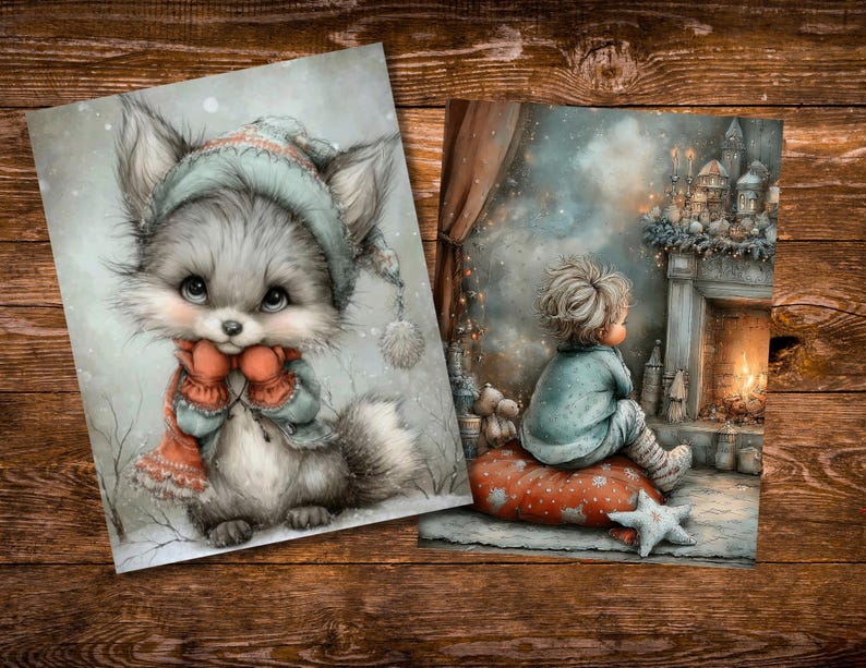 May include: Two watercolor prints on a wooden surface. One features a cute fox-like creature in a winter hat and scarf. The other depicts a child gazing at a fireplace. Both prints have a soft, pastel color palette and a whimsical theme.
