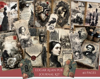 May include: A collection of 40 journal pages and tags featuring vintage-style illustrations of Edgar Allan Poe, ravens, skulls, anatomical hearts, roses, gothic architecture, and handwritten script text. The set includes various paper ephemera.