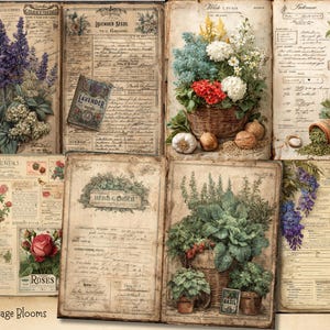 以下が含まれることがあります： ヴィンテージスタイルのコラージュ。植物画と日記風のページが特徴。ラベンダー、バラ、ハーブの画像、花のバスケット、そして「Lavender Seeds」と書かれた本が含まれています。「Cottage Blooms」の文字が画像の下部にあります。