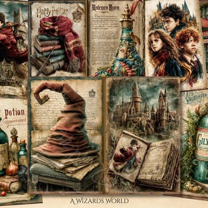 May include: A collage of illustrations featuring scenes and characters from a fantasy world. Images include a wizard flying on a broom, a stack of books with a scarf, and a sorting hat. The text "A Wizards World" is at the bottom.