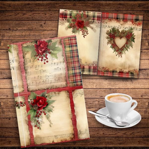 Vintage Christmas Holiday Plaid Faded Collage Sheet Rustic Floral ...