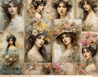 Könnte beinhalten: Eine Sammlung von 10 Junk-Journal-Seiten mit Porträts von Personen, die mit Blumenschmuck verziert sind. Die Seiten enthalten Text und Bilder von Blumen, Schmetterlingen und Spitze. Jede Seite misst 27,94 cm mal 21,59 cm.