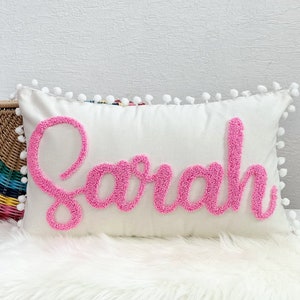 Personalized Name Pillow Cover for Girl, Pom Pom Trim Punch Needle Pillow Cover, Nursery Pillow, Dorm Room Pillow