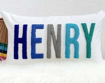 Personalized Baby Boy Room Name Pillow Cover, Baby Boy Nursery Pillow, Punch Needle, Boy Kid Gift, Dorm Gift, Graduation Gift