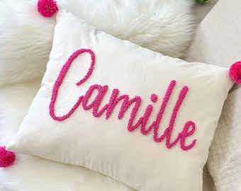 Personalized Name Pillow Cover for Girl, Pom Pom Trip Punch Needle Pillow Cover, Nursery Pillow, Dorm Room Pillow