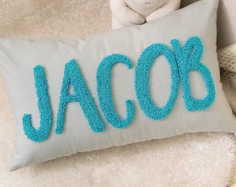 Personalized Boy Baby Room Decor, Baby Boy Nursery Pillow, Punch Needle, Custom Pillow Cover, Personalized Pillow, Boy Birthday Gift