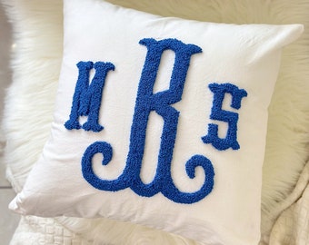 Monogram Pillow Cover with Punch Needle Embroidery, Personalized Wedding Gift for Couple, Custom Monogram Gift, Initial Pillow