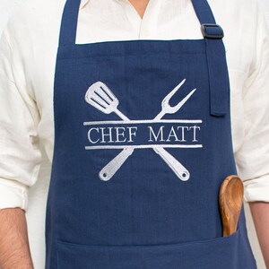 Pu&ograve; includere: Un grembiule blu navy con una grande tasca e spalline regolabili. Il grembiule presenta un design ricamato bianco di utensili da cucina incrociati e il testo "CHEF MATT".