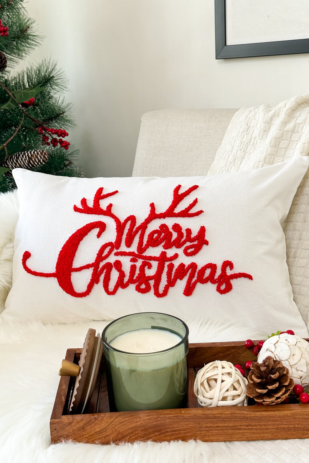 Applique Christmas Cushions Red Merry Pillow Winter Merry