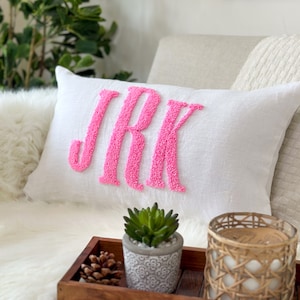 Monogram Pillow Cover with Punch Needle Embroidery, Personalized Wedding Gift for Couple, Custom Monogram Gift, Initial Pillow image 3