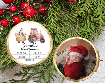 Farm Baby's First Christmas Ornament with Birth Stats, Personalized Christmas Ornament with Photo