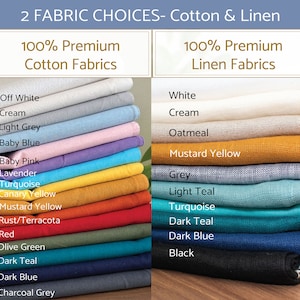 May include: A stack of fabric swatches in various colors, including off-white, cream, light grey, baby blue, baby pink, lavender, turquoise, canary yellow, mustard yellow, rust/terracotta, red, olive green, dark teal, dark blue, and charcoal grey. The swatches are labeled with the color name and are arranged from lightest to darkest. The text "100% Premium Cotton Fabrics" is at the top of the image. The text "100% Premium Linen Fabrics" is at the top of the image.