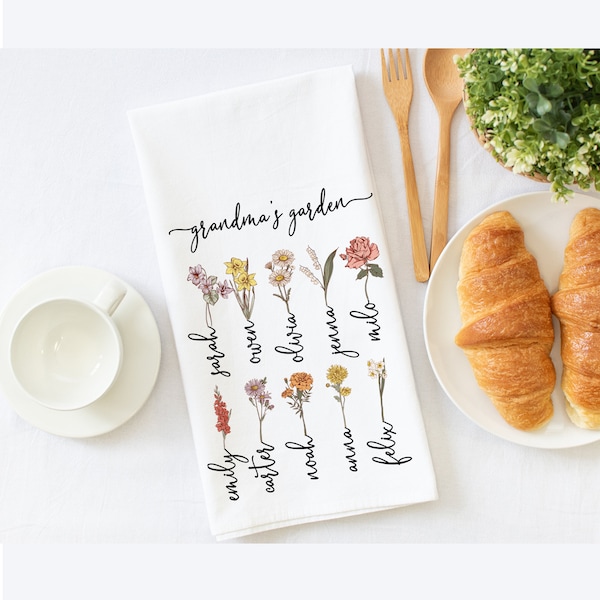 Birth Flower Personalized Tea Towel for Grandma for Mother's Day, Christmas, Birthday