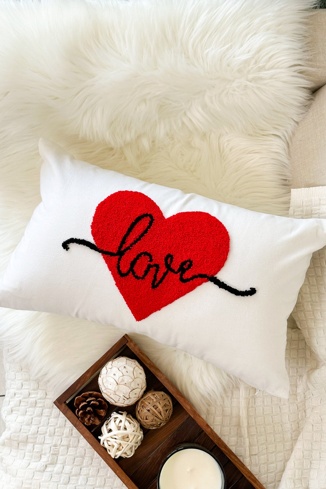 Love Heart Pillow Cover for Anniversary, Valentines Day, Punch Needle