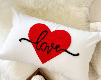 Love Heart Pillow Cover for Anniversary, Valentines Day, Punch Needle Pillow Cover, Gift for Her, Wedding Gift, Couple's Gift