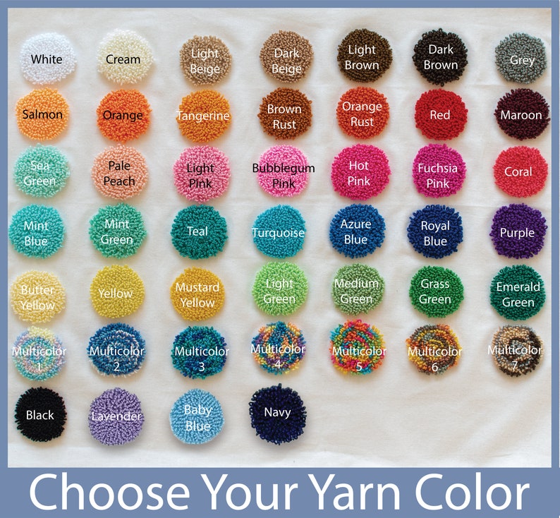 May include: A color chart of yarn samples, showing a variety of colors, including white, cream, beige, brown, orange, red, pink, green, blue, yellow, purple, black, lavender, and baby blue. The chart is labeled "Choose Your Yarn Color".