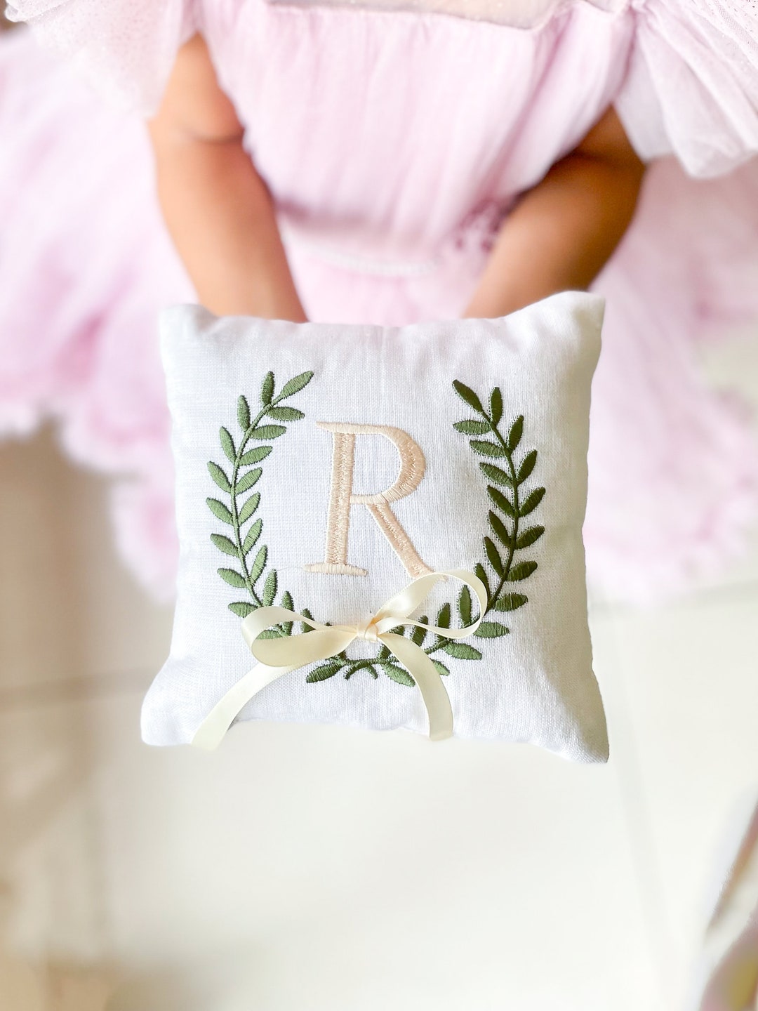 Custom Monogrammed Ring Bearer Pillow for Wedding, Linen Embroidered