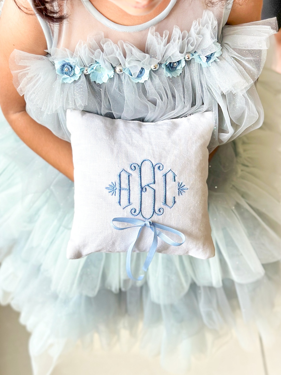 Monogram Ring Bearer Pillow for Wedding, Linen Embroidered Ring Bearer