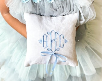 Monogram Ring Bearer Pillow for Wedding, Linen Embroidered Ring Bearer Pillow, Monogrammed Ring Bearer Pillow