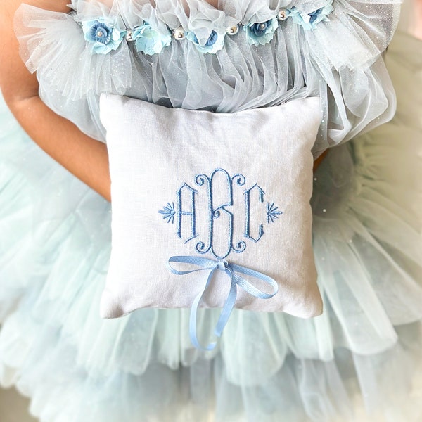 Monogram Ring Bearer Pillow for Wedding, Linen Embroidered Ring Bearer Pillow, Monogrammed Ring Bearer Pillow