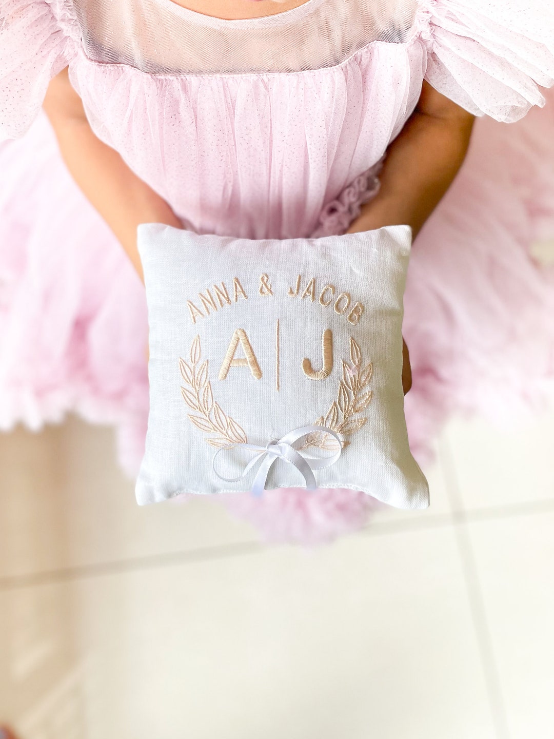 Monogram Ring Bearer Pillow, Linen Embroidered Ring Bearer Pillow