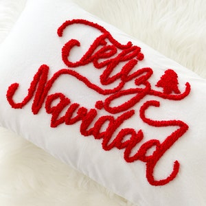 Feliz Navidad Christmas Pillow Cover, Punch Needle Pillow for Christmas Décor