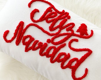 Feliz Navidad Christmas Pillow Cover, Punch Needle Pillow for Christmas Décor