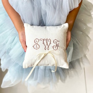 Custom Monogram Ring Bearer Pillow for Wedding, Linen Embroidered Ring Bearer Pillow, Monogrammed Ring Bearer Pillow