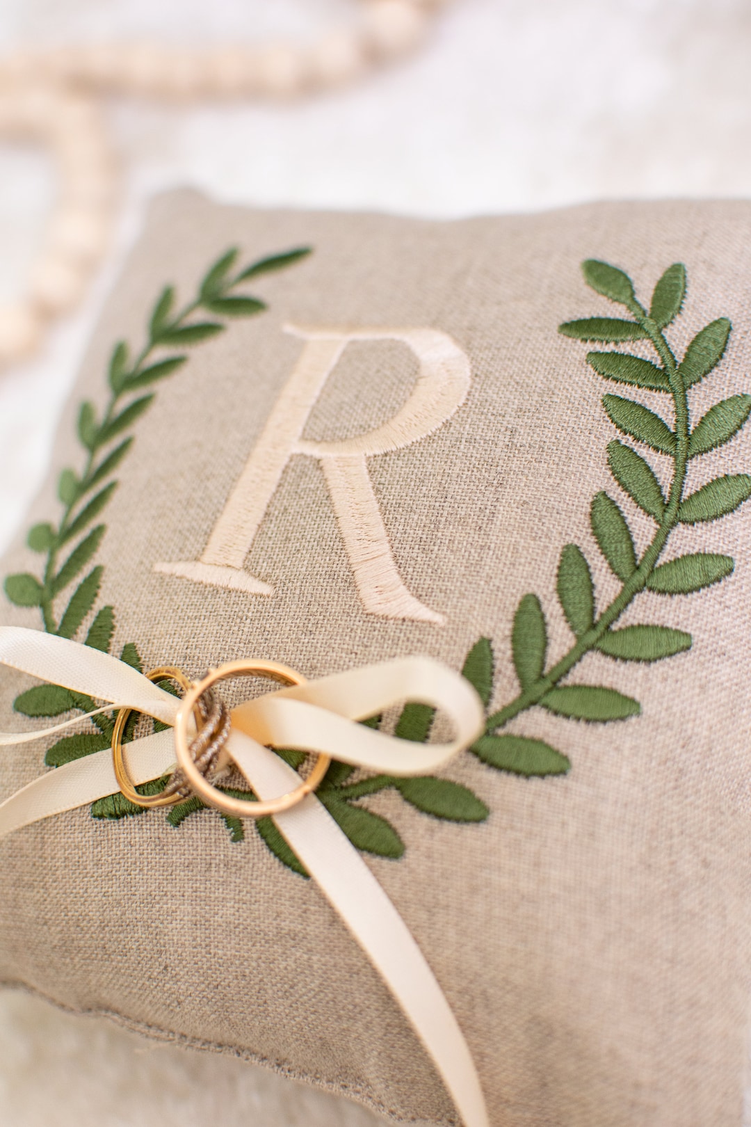 Custom Monogrammed Ring Bearer Pillow for Wedding, Linen Embroidered