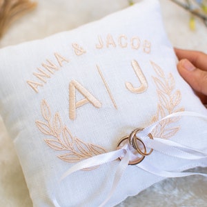 Monogram Ring Bearer Pillow, Linen Embroidered Ring Bearer Pillow, Monogrammed Ring Bearer Pillow, Keepsake image 2