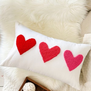 Hearts Pillow Cover for Anniversary, Valentines Day, Punch Needle Pillow Cover, Gift for Her, Wedding Gift, Couple's Gift