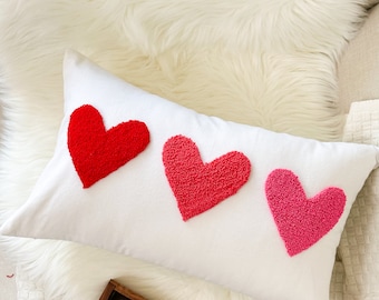 Hearts Pillow Cover for Anniversary, Valentines Day, Punch Needle Pillow Cover, Gift for Her, Wedding Gift, Couple's Gift