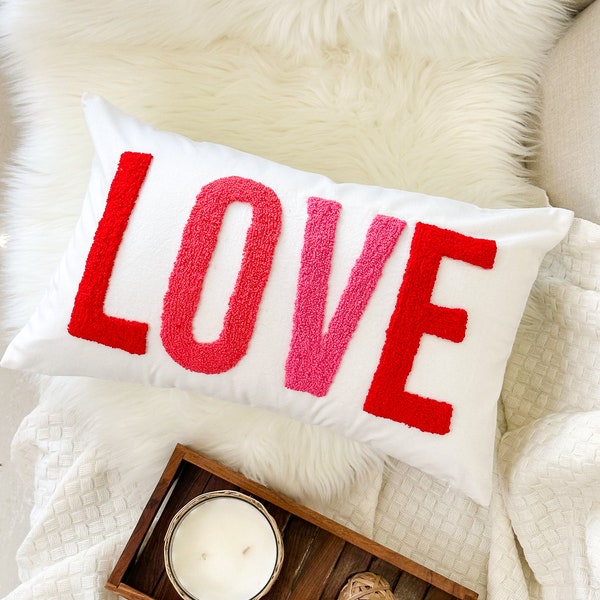 Love Pillow Cover for Valentines Day, Anniversary, Punch Needle Pillow Cover, Gift for Her, Wedding Gift, Couple's Gift