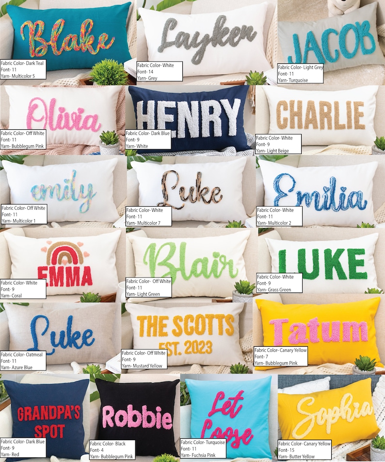 May include: A collection of personalized pillows with various names embroidered in colorful yarn. The pillows are made of different fabrics, including white, blue, teal, and yellow. The names include Blake, Layken, Jacob, Olivia, Henry, Charlie, Emily, Luke, Emilia, Emma, Blair, Luke, The Scotts Est. 2023, Tatum, Grandpa's Spot, Robbie, Let Loose, and Sophia.