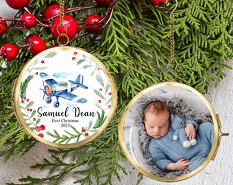 Airplane Baby's First Christmas Ornament , Personalized Christmas Ornament with Photo, Seaplane Baby Ornament