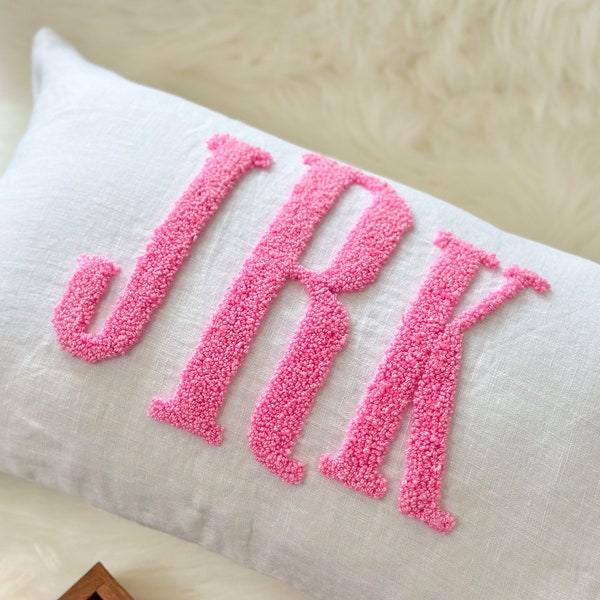 Monogram Pillow Cover with Punch Needle Embroidery, Personalized Wedding Gift for Couple, Custom Monogram Gift, Initial Pillow