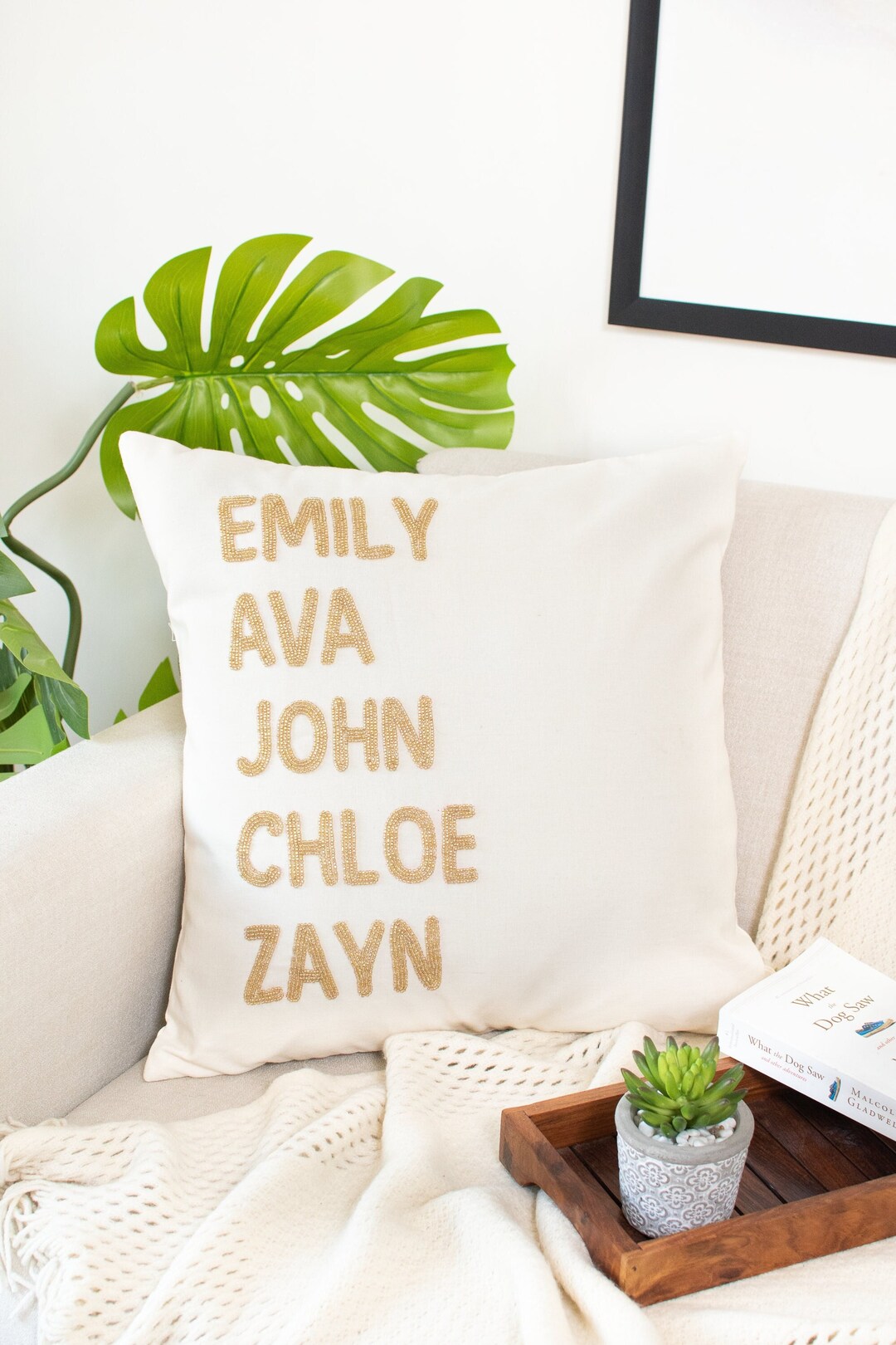 Custom Family Names Pillow Cover, Beaded Personalized Names