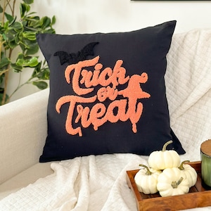 Trick or Treat Halloween Pillow Cover, Punch Needle Pillow for Halloween Décor and Halloween Gifts, Fall Autumn Décor