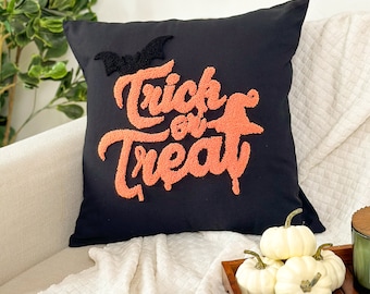 Trick or Treat Halloween Pillow Cover, Punch Needle Pillow for Halloween Décor and Halloween Gifts, Fall Autumn Décor