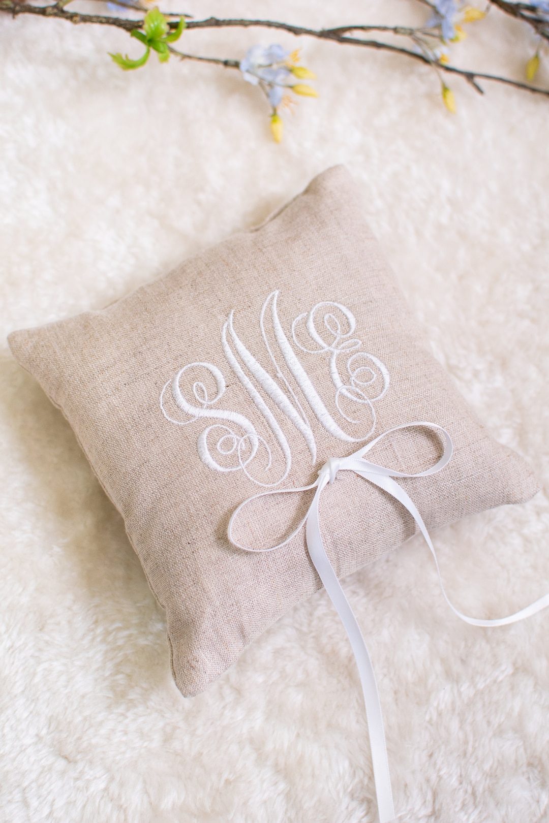 Personalized Monogram Ring Bearer Pillow for Wedding, Linen Embroidered