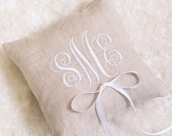 Personalized Monogram Ring Bearer Pillow for Wedding, Linen Embroidered Ring Bearer Pillow, Monogrammed Ring Bearer Pillow