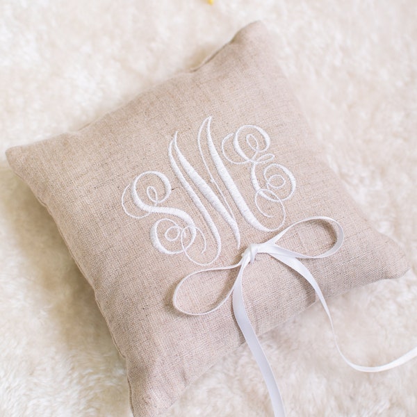 Personalized Monogram Ring Bearer Pillow for Wedding, Linen Embroidered Ring Bearer Pillow, Monogrammed Ring Bearer Pillow