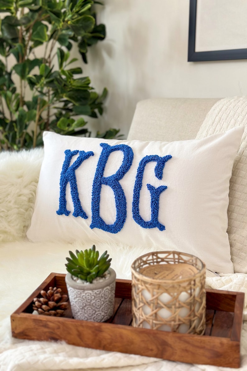 Monogram Pillow Cover with Punch Needle Embroidery, Personalized Wedding Gift for Couple, Custom Monogram Gift, Initial Pillow image 3