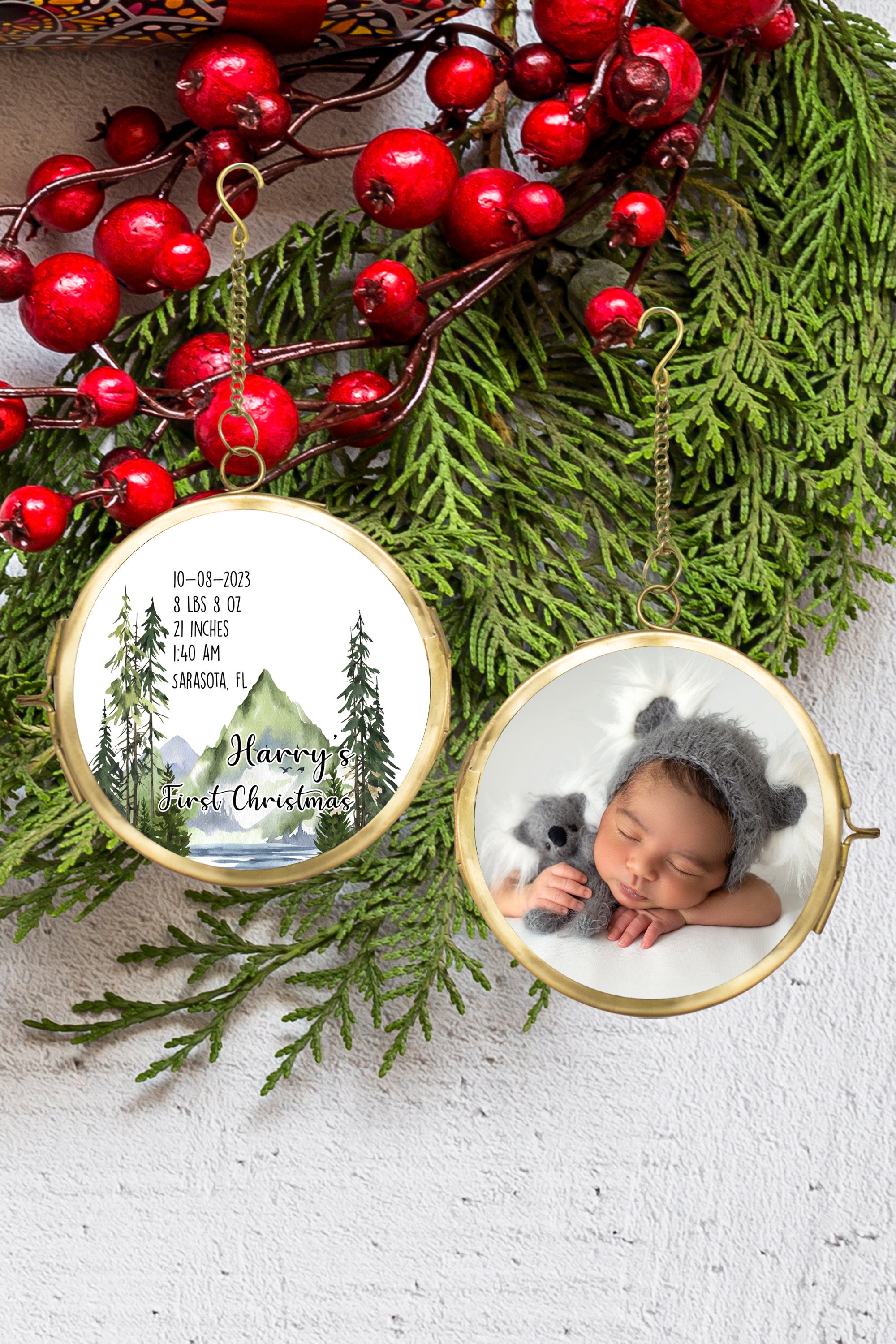 Woodland Baby First Christmas Ornament With Birth Stats, Custom