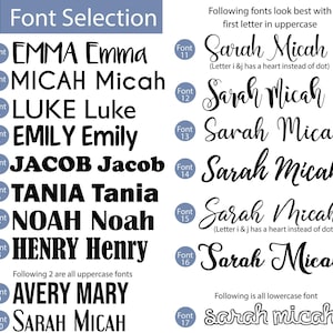 Peut inclure: Un tableau pr&eacute;sentant diff&eacute;rents styles de police pour les noms. Les noms Emma, Micah, Luke, Emily, Jacob, Tania, Noah et Henry sont affich&eacute;s dans diff&eacute;rentes polices. Les noms Avery Mary et Sarah Micah sont affich&eacute;s en majuscules. Le nom Sarah Micah est affich&eacute; dans plusieurs polices cursives avec un c&oelig;ur rempla&ccedil;ant le point dans la lettre i. Le nom Sarah Micah est &eacute;galement affich&eacute; en minuscules.